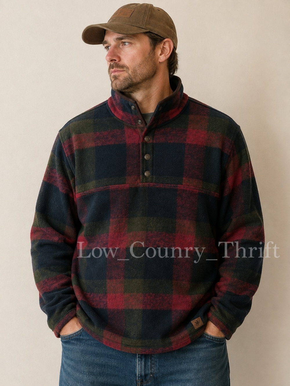 John Wayne Men's L Heavyweight 1/4 Snap Plaid Pullover Red Green Blue